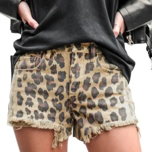 leopard-high-waist-distressed-hem-denim-shorts